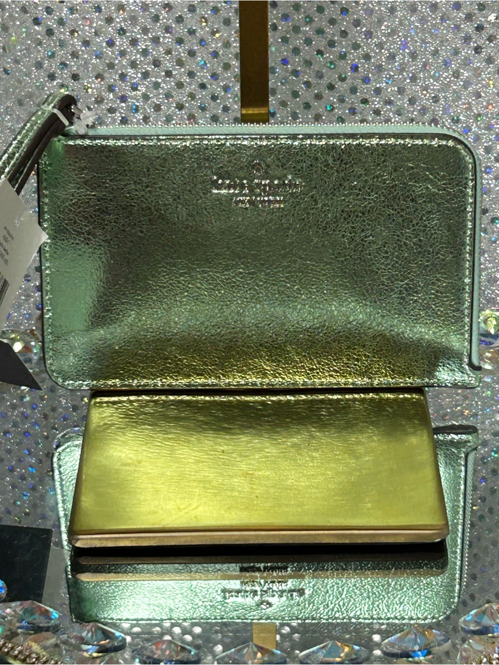 Kate Spade Metallic Green Wristlet Wallet Approximately 6 x 4